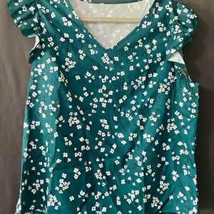 SHEIN Teal Floral Blouse with White Accents